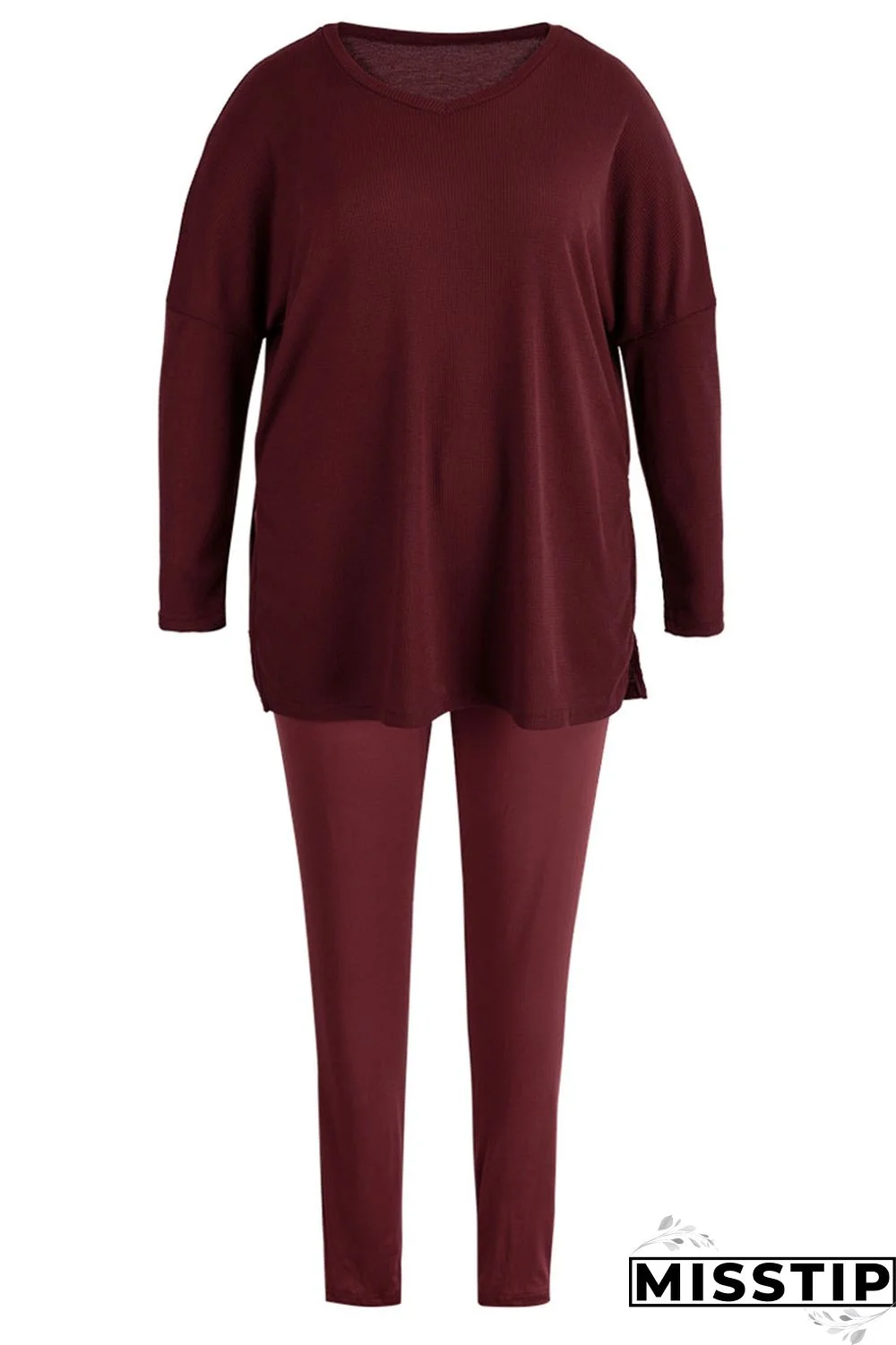 Rose Red Casual Solid Patchwork Slit V Neck Plus Size Two Pieces