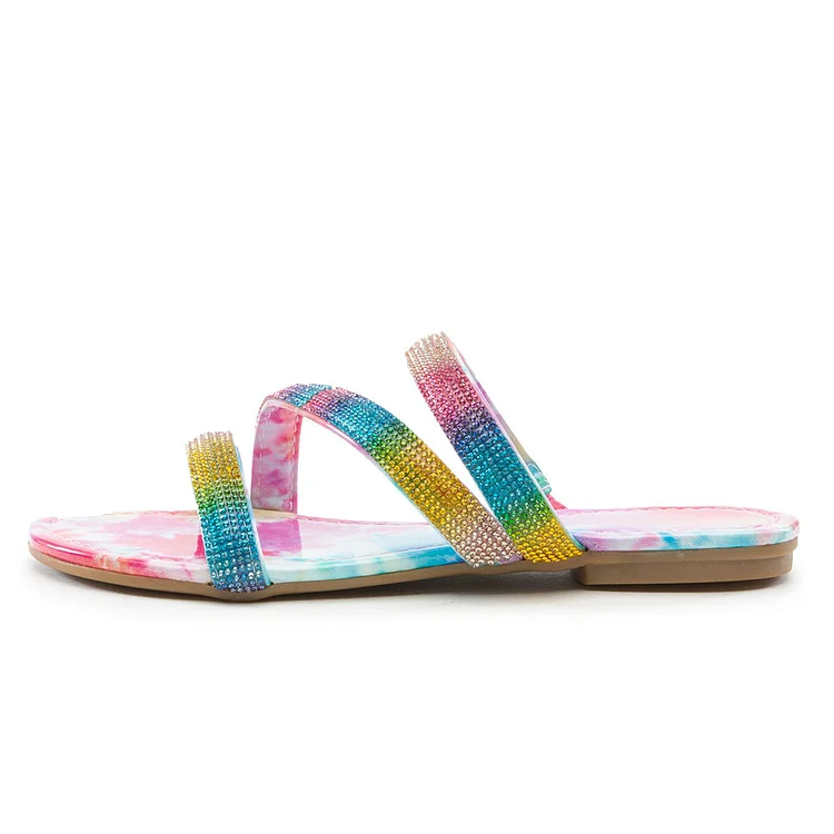 Multicolor Strappy Rhinestone Flats Tie-Dye Print Slide Sandals |FSJ Shoes