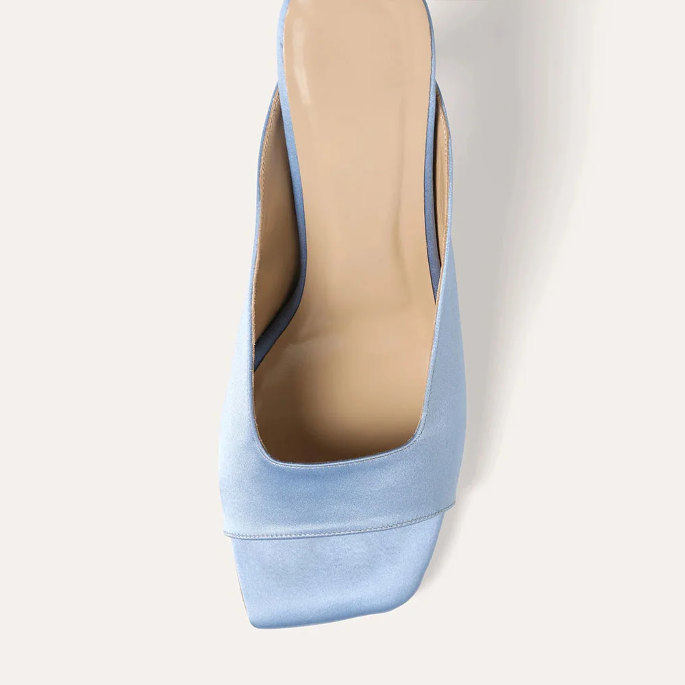 Light Blue Satin Square Toe Slip On Flared High Heel Mules