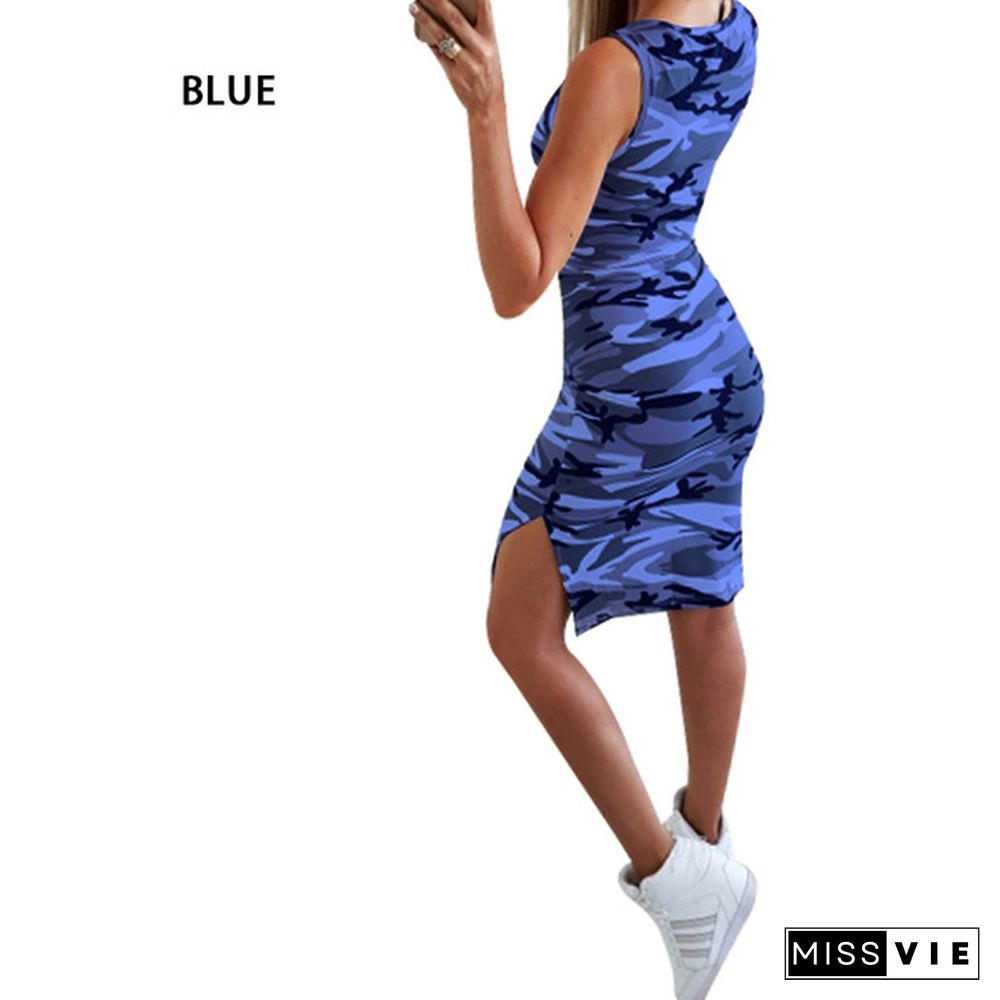Summer Women's Camouflage Dress O Neck Sleeveless Dresses For Sexy Women Casual female Mini Sport Dress Side split