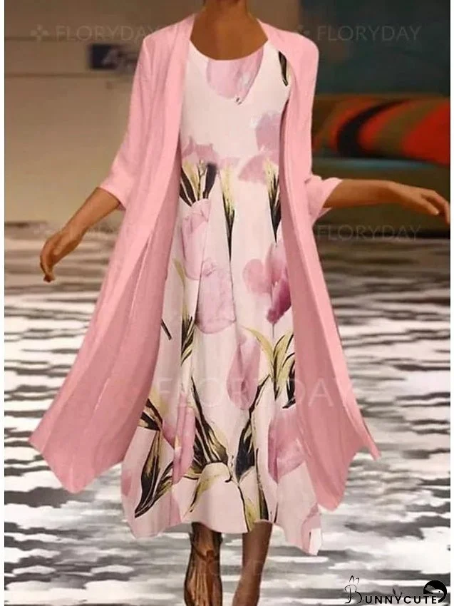 Dress Set Two Piece Dress Church Dress Midi Dress Pink Green Gray 3/4 Length Sleeve Floral Ruched Summer Spring Crew Neck Elegant S M L XL XXL 3XL for Women