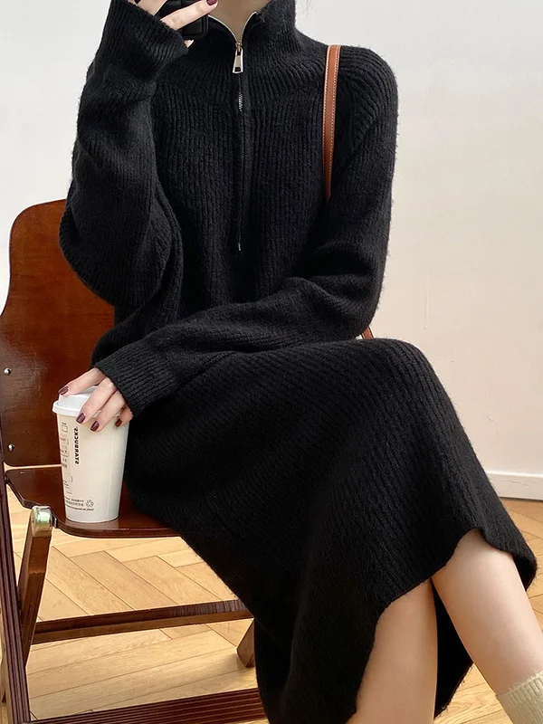 Casual Loose Long Sleeves Solid Color Zipper High-Neck Sweater Dresses