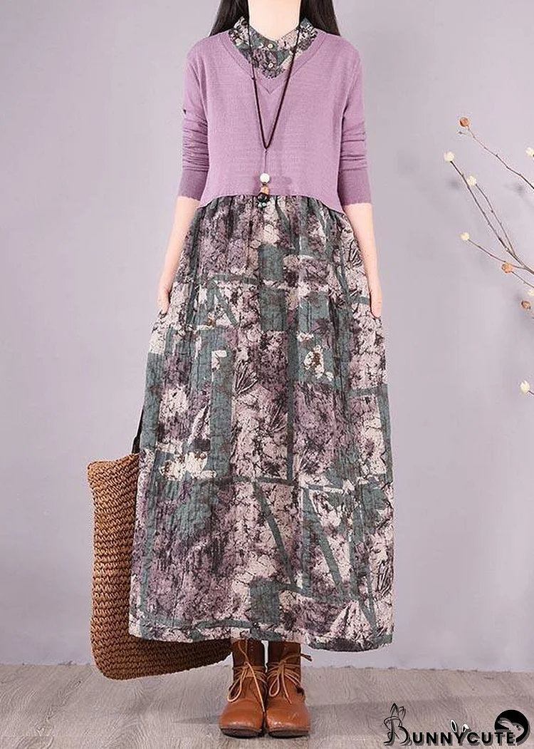 Natural Patchwork Spring Clothes Fabrics Purple Print Loose Dress