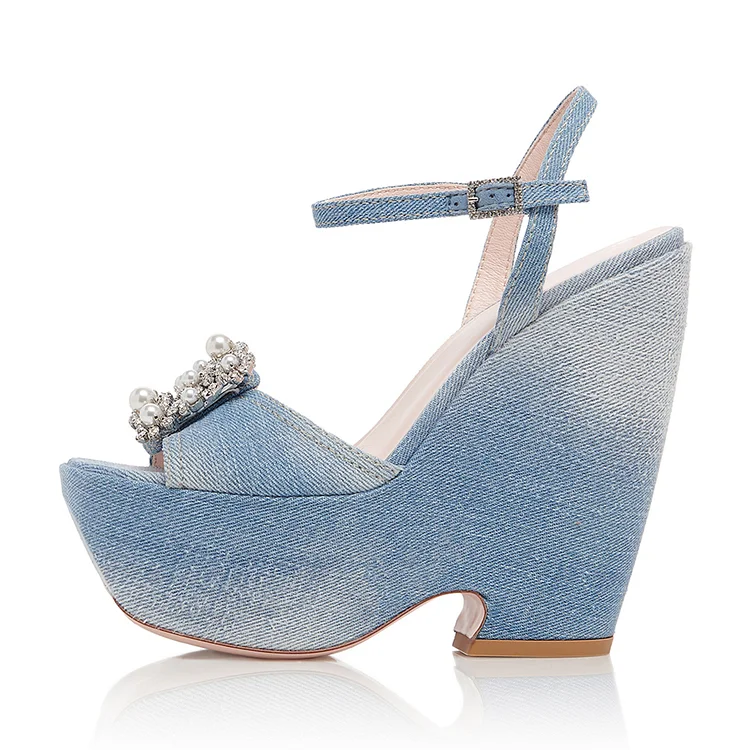 Blue Denim Ankle Strap Wedge Platform Sandals with Pearl Square Buckle |FSJ Shoes