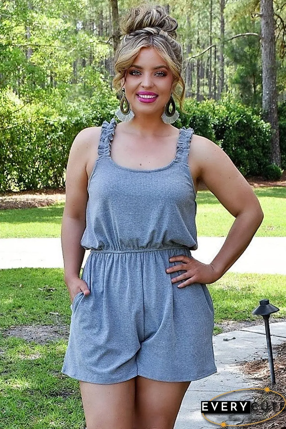 Gray Knit Frill Sleeveless U-Neck Romper