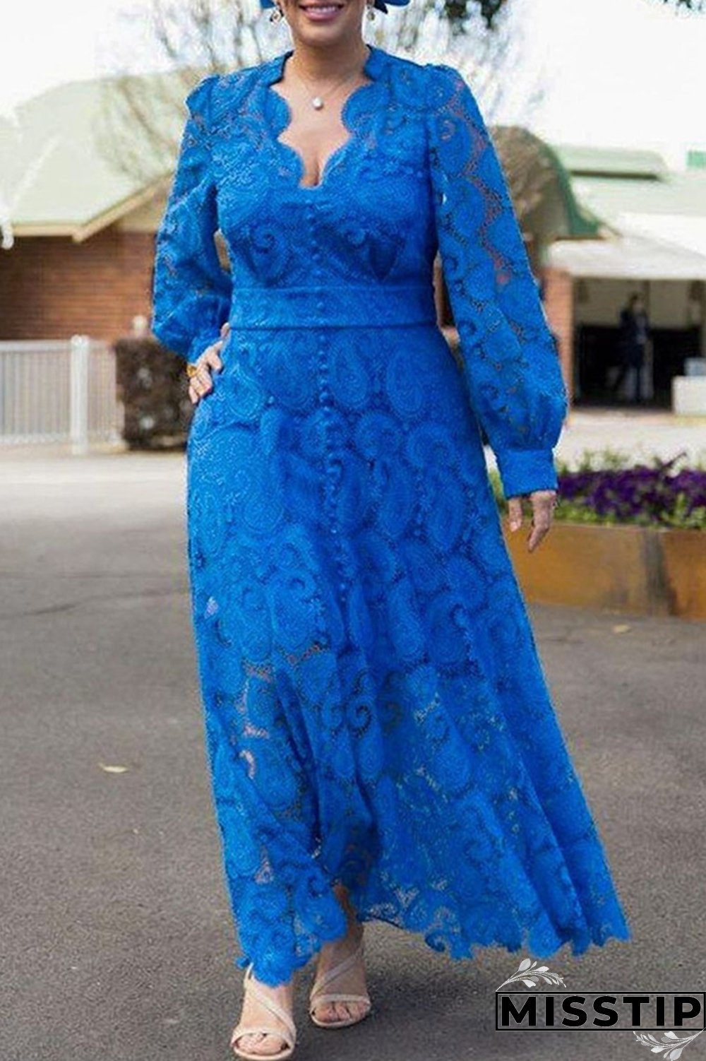 Blue Fashion Solid Lace V Neck Lace Dress Dresses