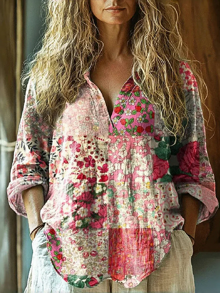 Women's Vintage Geometric Art Flowers Pattern  Long Sleeve Comfortable Cotton And Linen Shirt