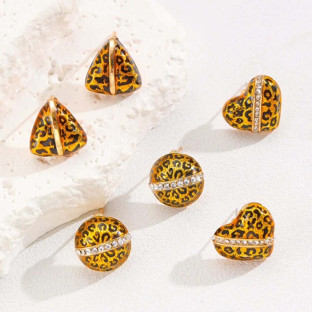 Leopard Print Round, Triangle and Heart Stud Earrings