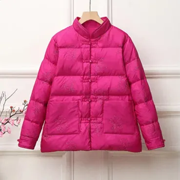 Uveng Autumn Winter New Retro Embroidery Embroidery Knit Down Jacket Female Short Money Light Standing Collar Chinese Dish Buckle Coat