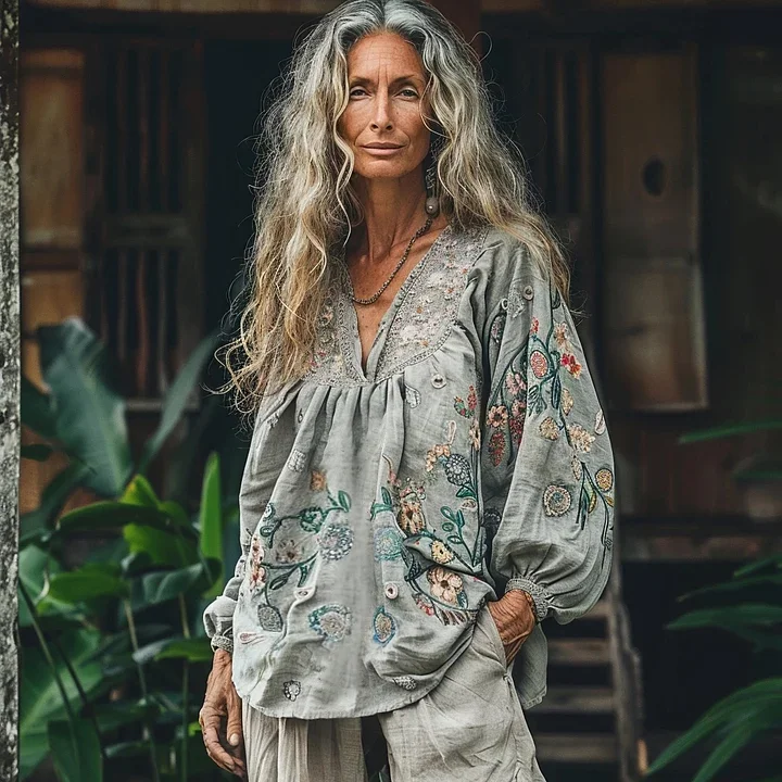 Bohemian Floral Linen Art Print Long Sleeve V-neck Shirt