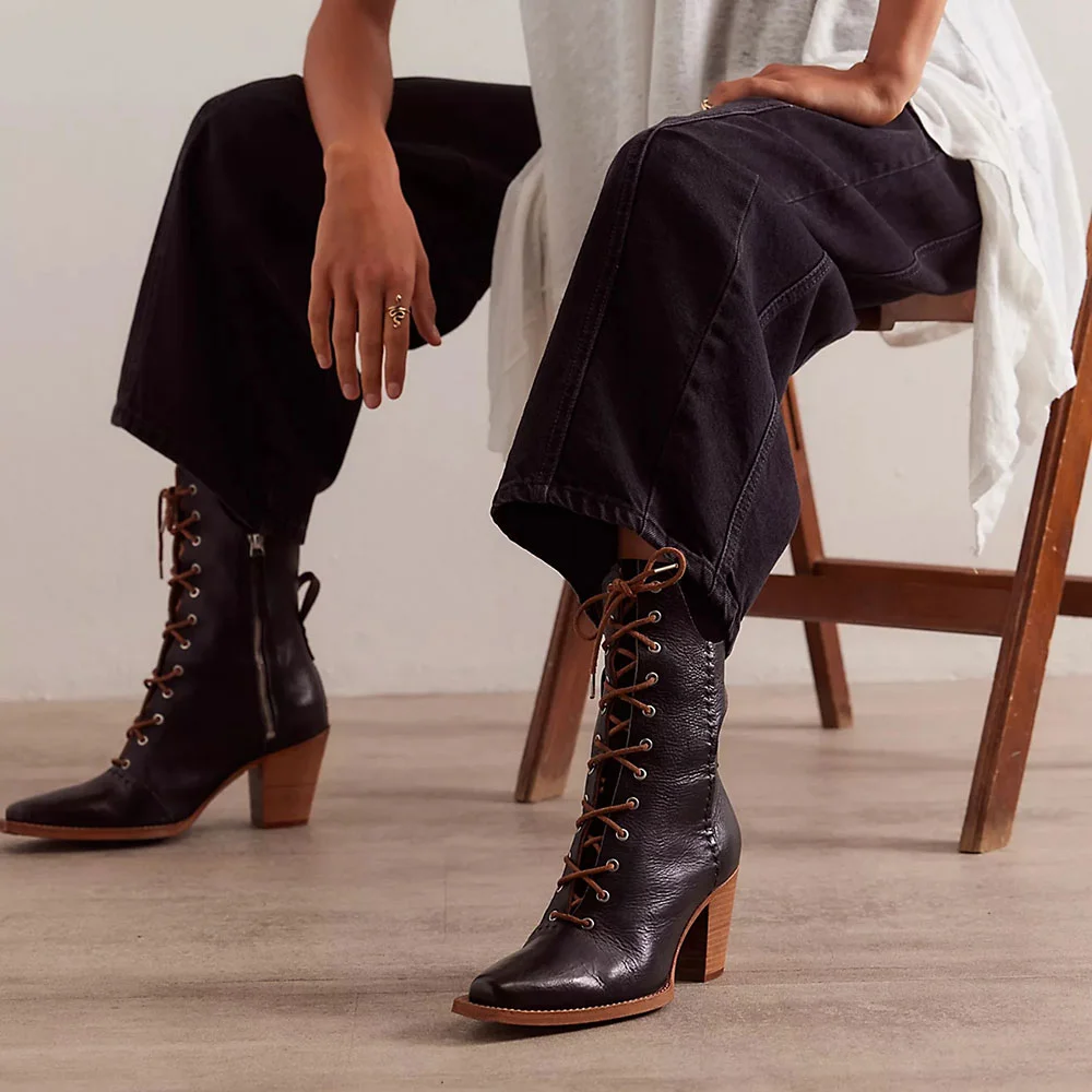 Black Square Toe Zipper Stacked Heel Lace-Up Short Boots for Women