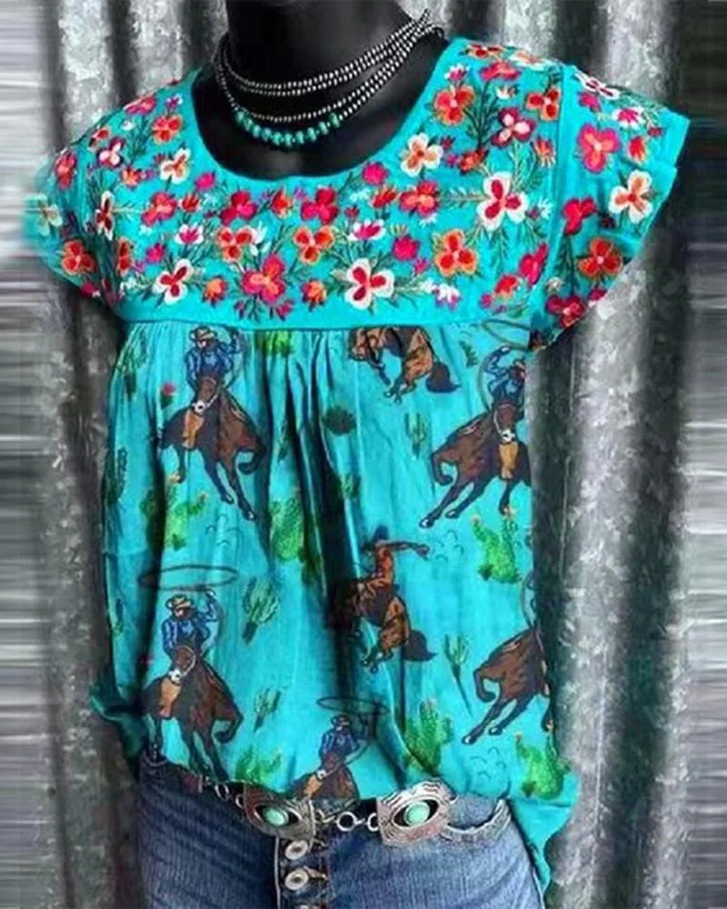 Women's Floral Print Ethnic Style Short Sleeve  T-Shirt-030908