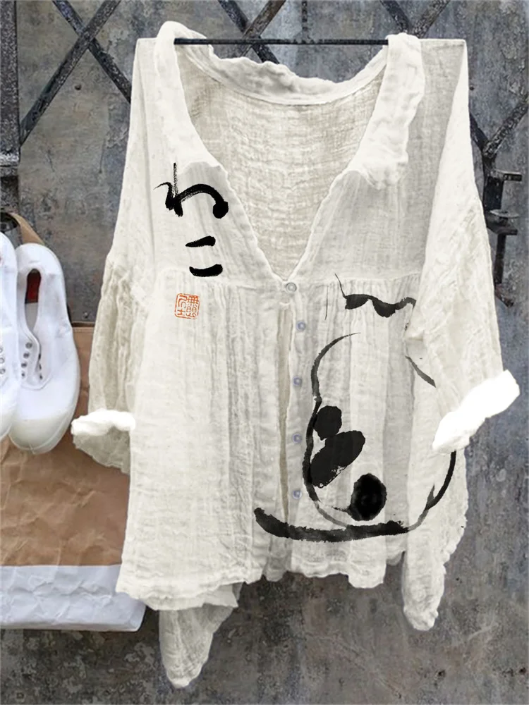 Wearshes Japanese Art Cat Print Linen Loose Shirt