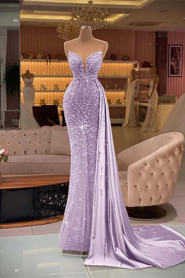 Stunning Straps Sequins Beads Mermaid Evening Dress Sweetheart With Slit main image 1