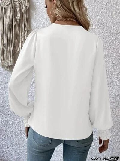 Surplice Smocked Lantern Sleeve Blouse