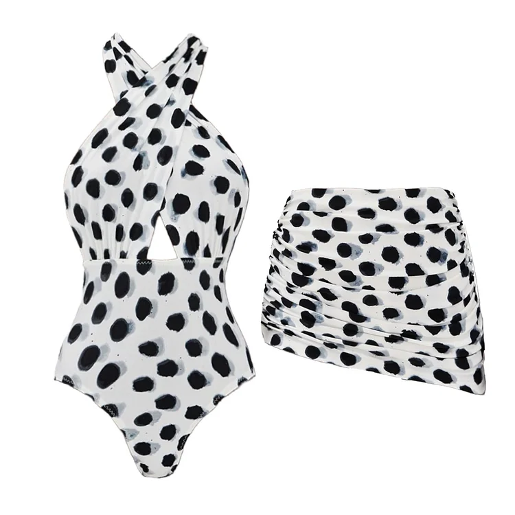 Halter Polka Dot Print One Piece Swimsuit and Skirt(Shipping on Jul 18th)