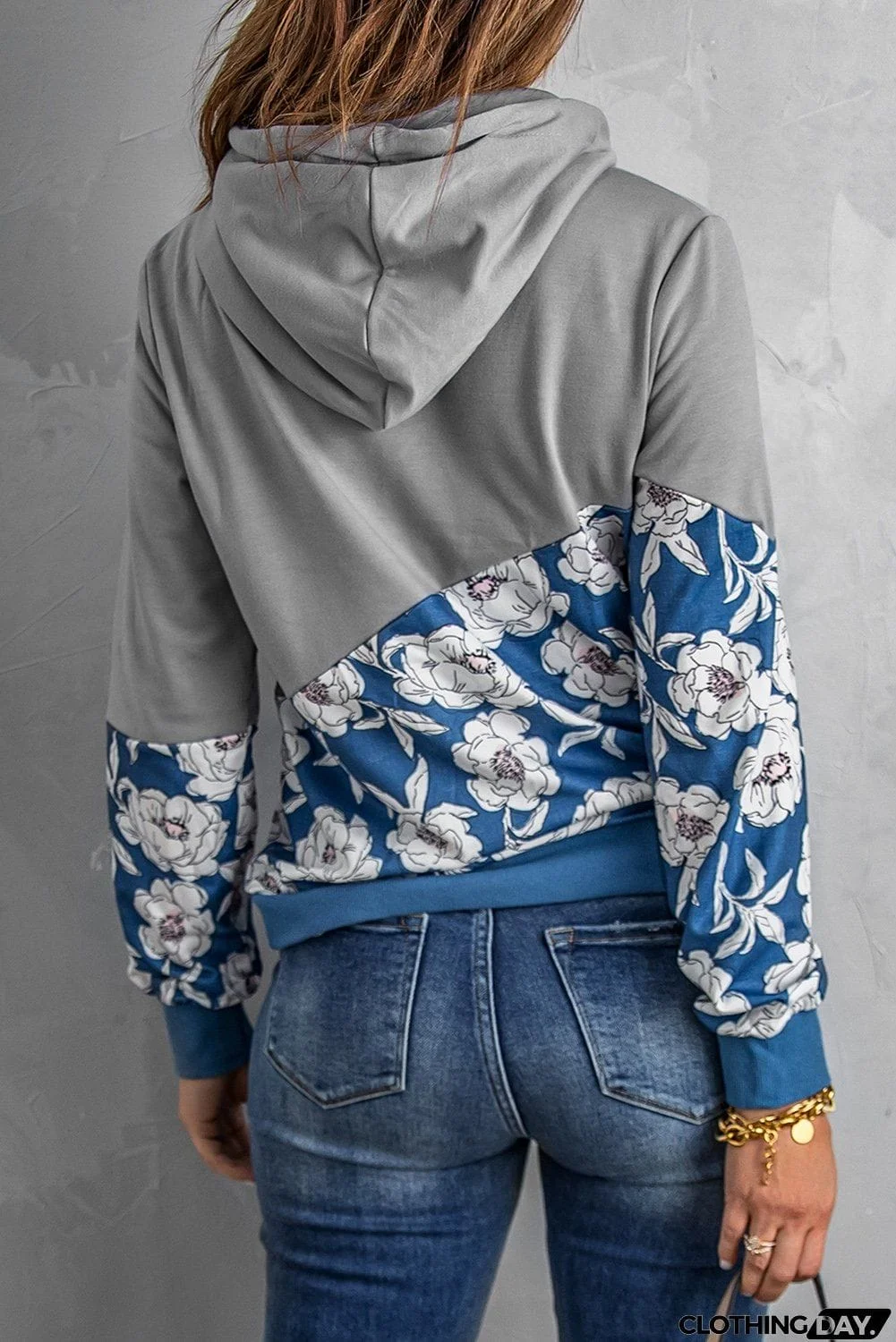 Women's Gray Floral Splicing Cowl Neck Hoodie