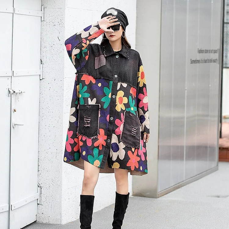 Fashion Loose Denim Lapel Patchwork Colorful Flowers Knitted Splicing Pockets Coat
