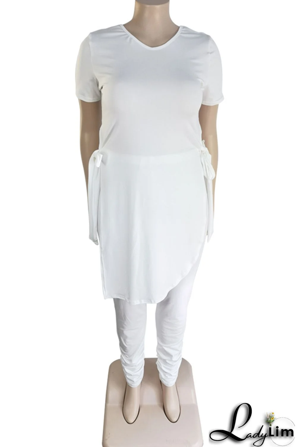 Black Fashion Casual Solid Bandage Slit Asymmetrical O Neck Plus Size Two Pieces