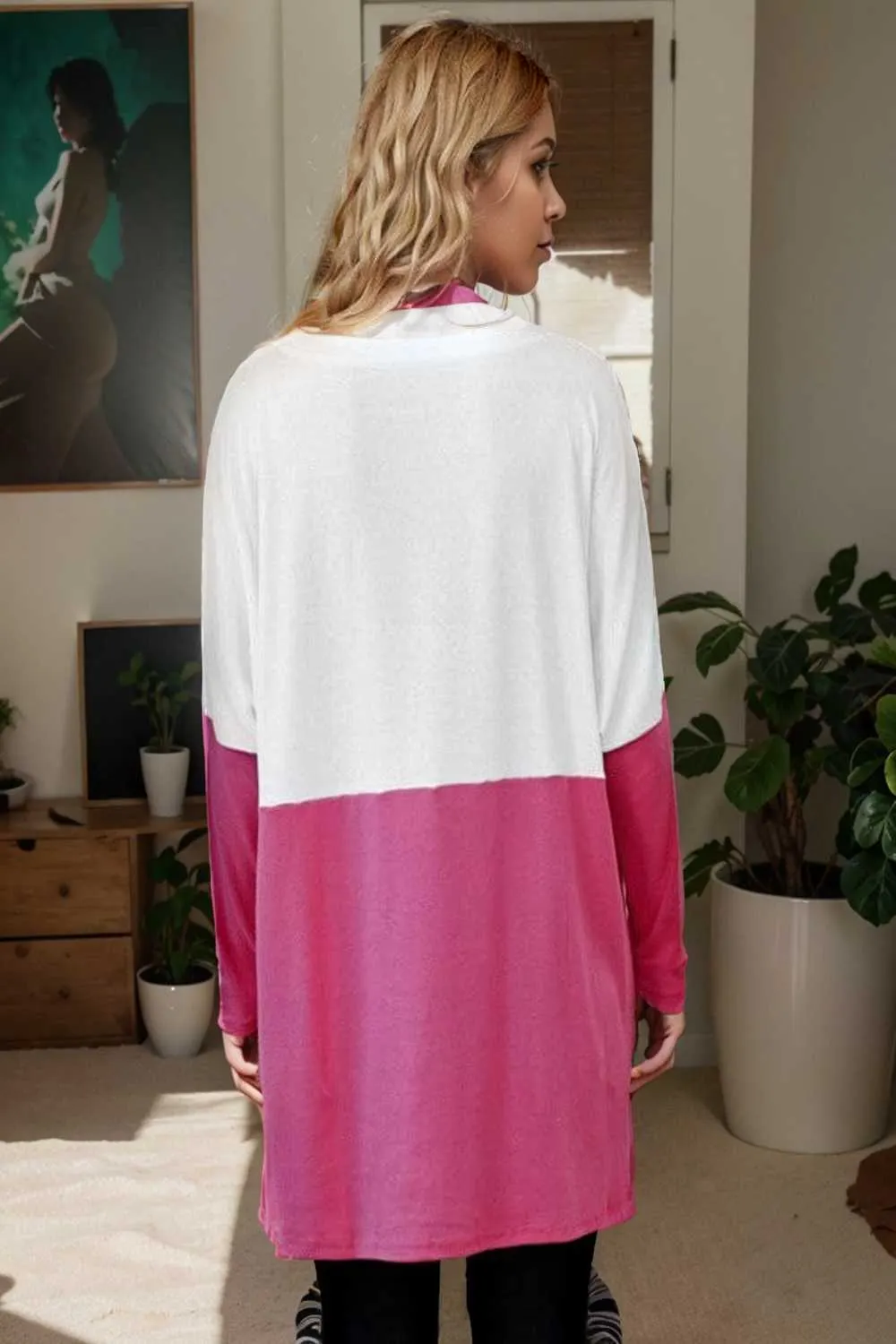 two color stitching pocket loose long sleeve t shirt