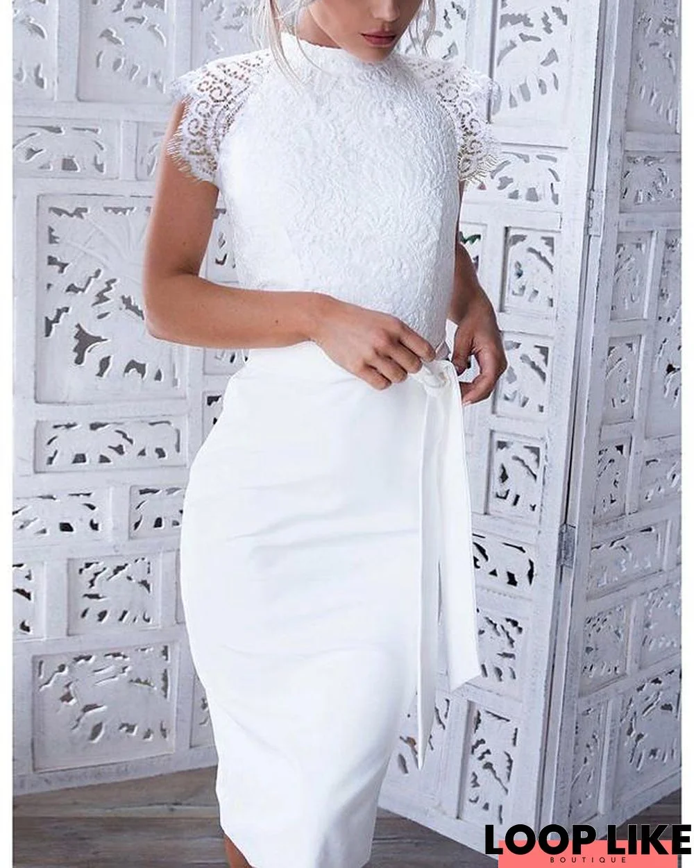 Women's Bodycon Knee Length Dress Sleeveless Solid Color Lace Up Bow Hot Elegant Lace White Dresses