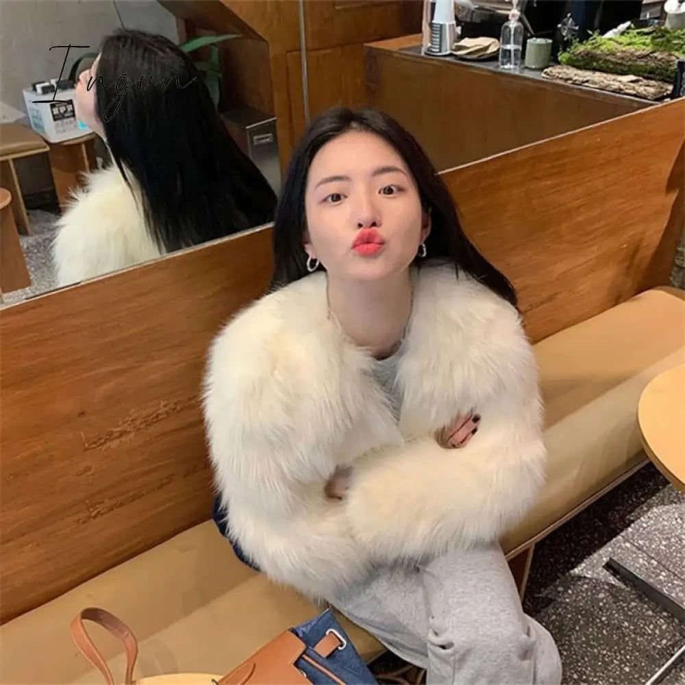Ingvn - 2023 Spring Fashion Faux Fox Fur Coat Women Korea Warm Feather Coats Loose Short Outercoat