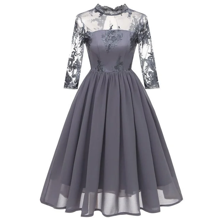 Women Elegant Lace Chiffon Evening Party Dress Fashion Hollow O-neck Dresses Ladies Vintage Embroidered Midi A-line Dress