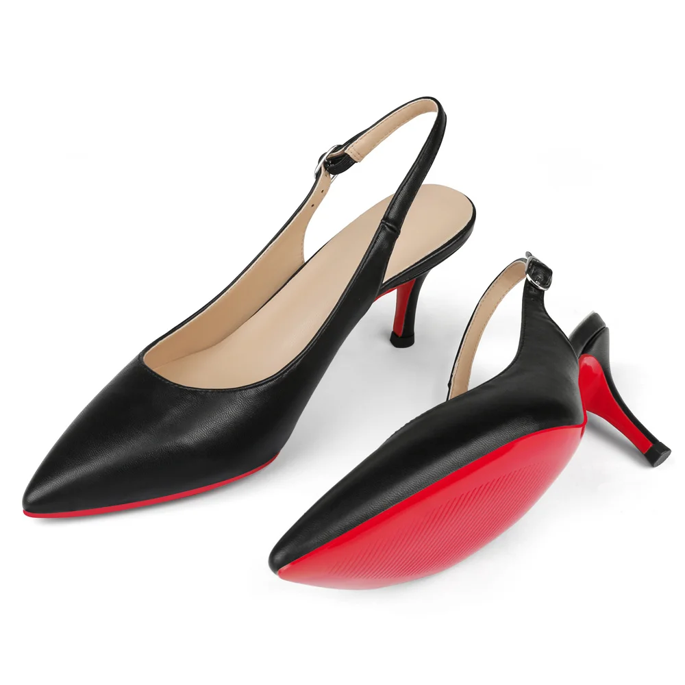 2.36" Women's Pointed Toe Red Bottom Sandals Slingback Shoes Kitten Heel Pumps Matte-MERUMOTE