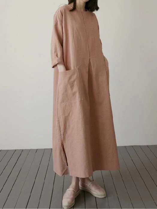 Retro round neck cotton and linen casual dress-Mayoulove