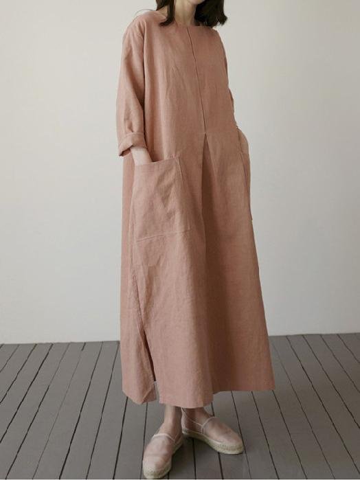 Retro round neck cotton and linen casual dress-Mayoulove
