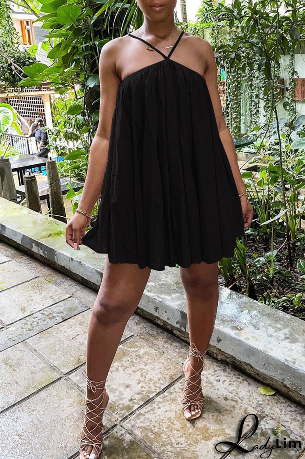Black Sexy Solid Patchwork Halter Dresses