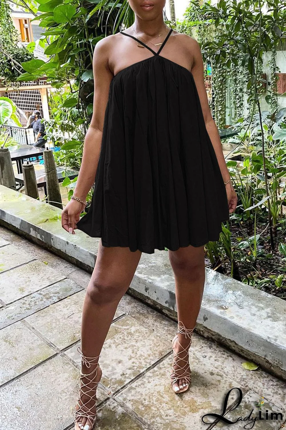 Black Sexy Solid Patchwork Halter Dresses