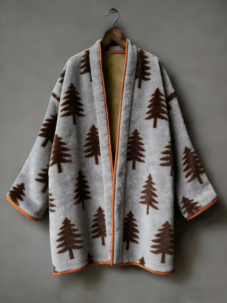 Flannel embroidered printed medium and long kimono cardigan