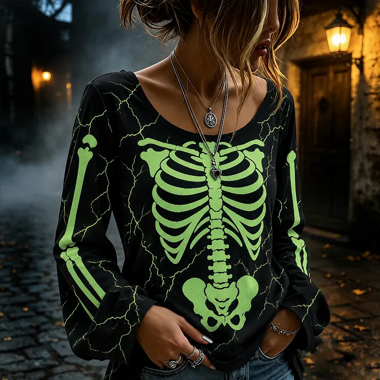 Women's Halloween Dark Gothic Neon Skull Art Crew Neck Long Sleeve Top