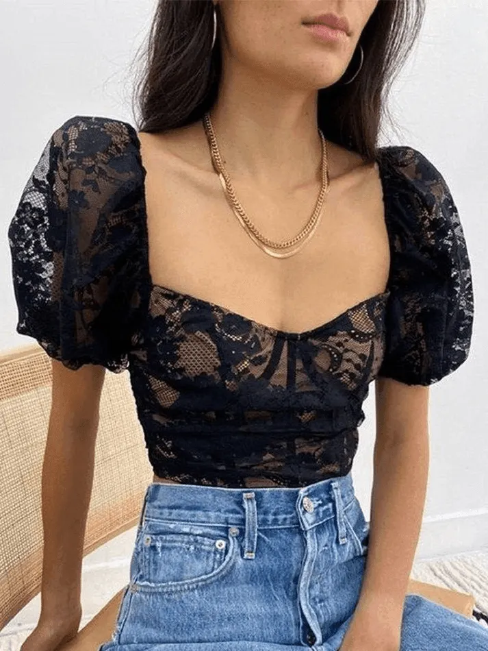 Brownm Cropped Lace Puff Sleeve Blouse