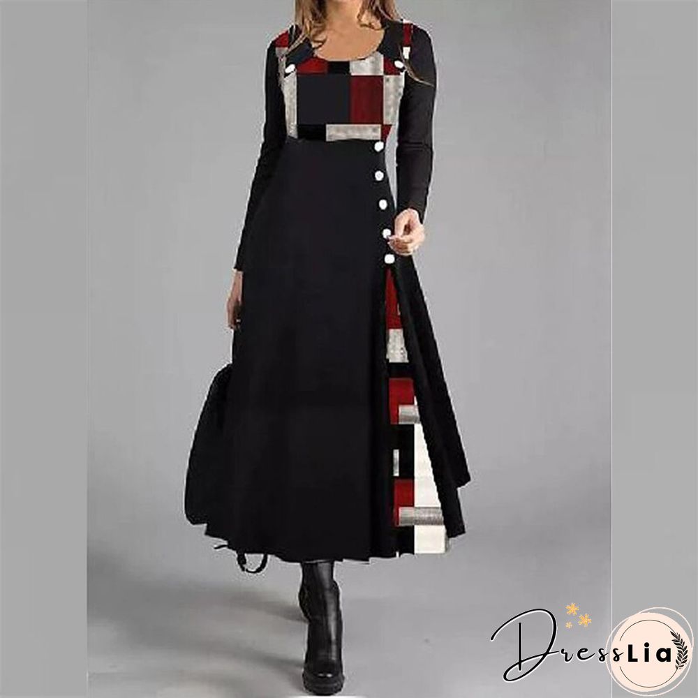 Womens O-Neck Patchwork Button Loose Pullover Long Dress Autumn Pattern Print A-Line Party