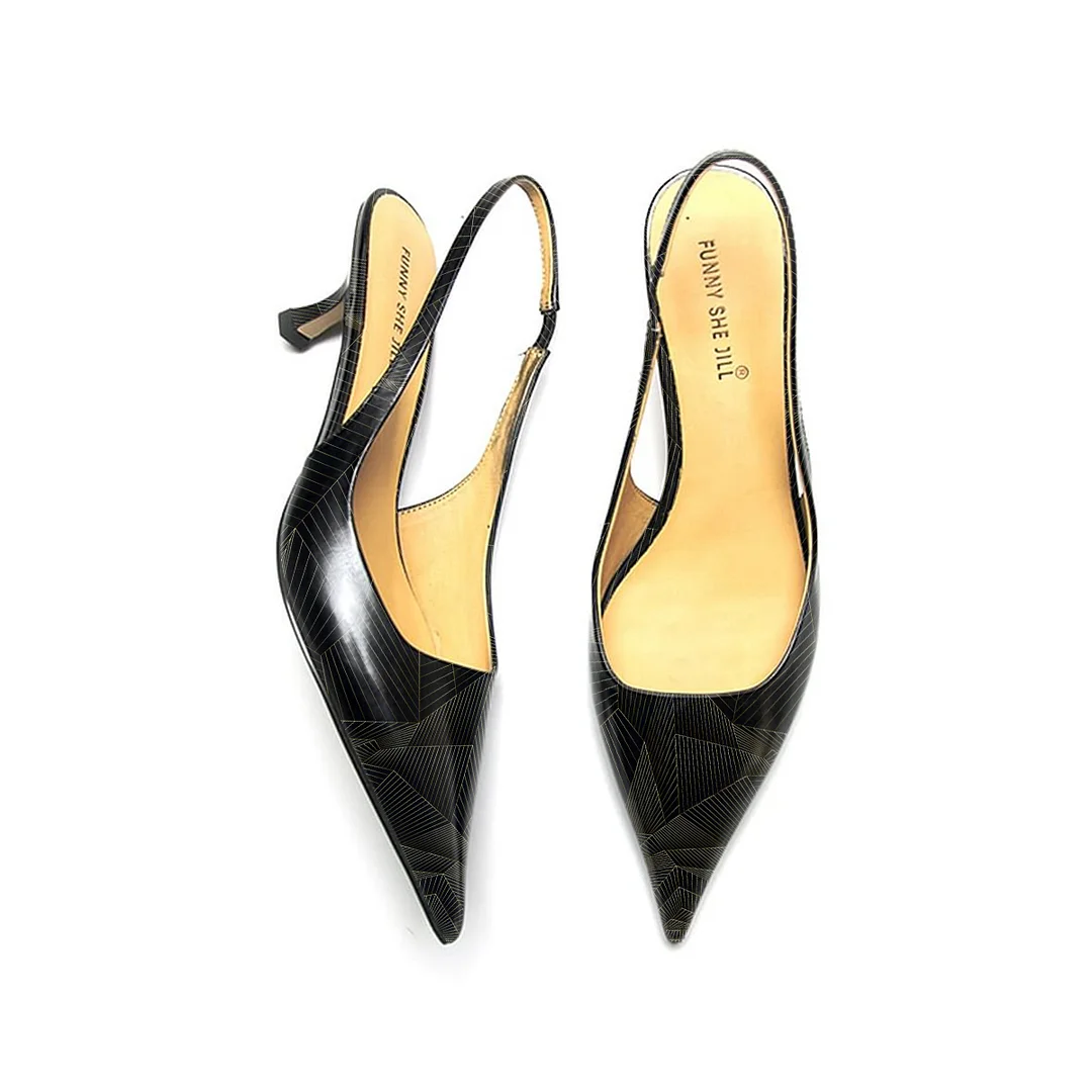 Geometric Pattern Patent Leather Pointed Toe Elegant Kitten Heel Slingback Dress Pump Shoes Nicepairs