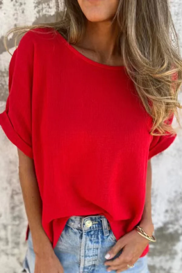 Linen Blend Crew Neck Short Sleeve Loose T-shirt