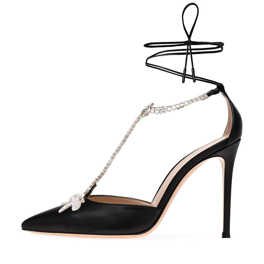 Black Leather Pumps Rhinestone Bow Decor Ankle Strap Lace Up Pumps Nicepairs