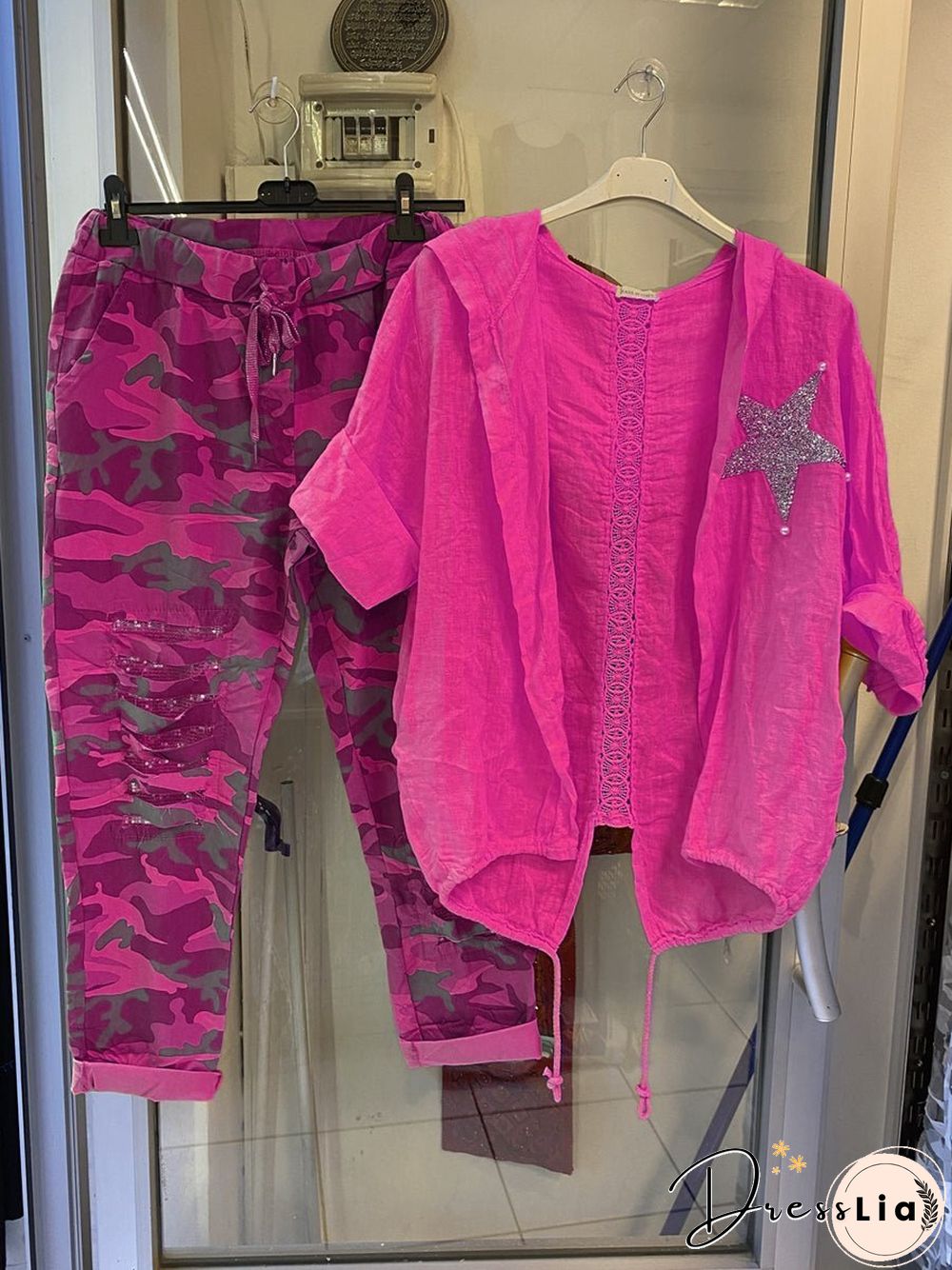 Sequin Star Decor Shirt And Camouflage Pants