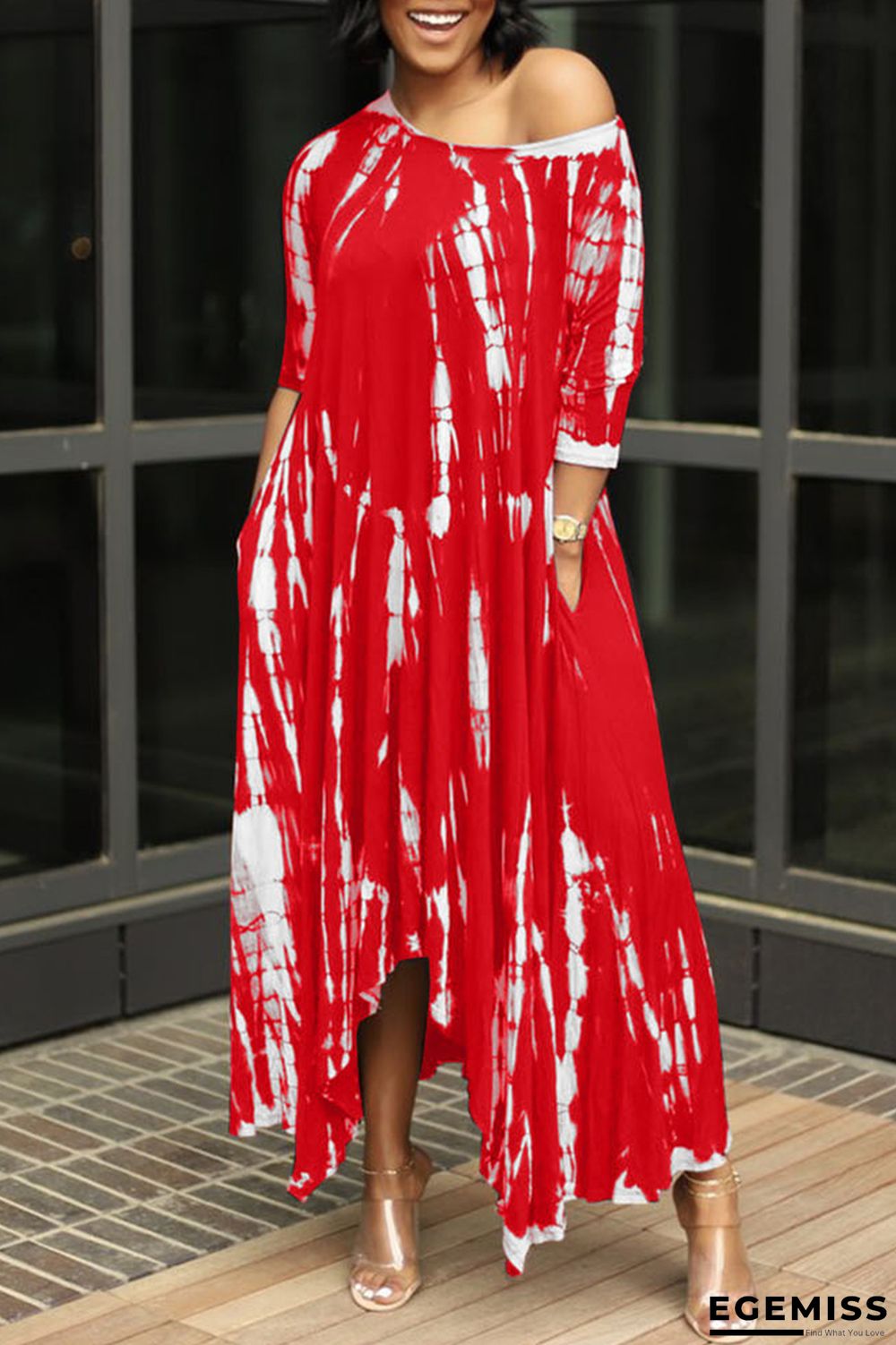 Red Fashion Print Basic O Neck Irregular Dress | EGEMISS