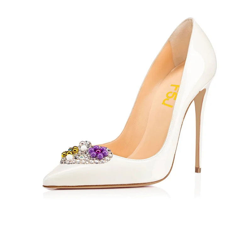 White Bridal Heels Rhinestone Heart Shaped Stilettos Pumps for Wedding |FSJ Shoes