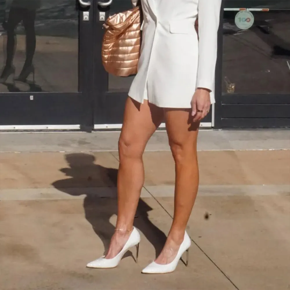 Snakeskin Pattern Pointed Toe Stiletto Heeled White Pumps for Women
