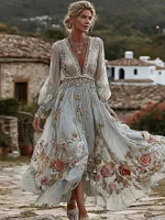 Women's Vintage Bohemian Floral Embroidered Casual Long Sleeve Dress