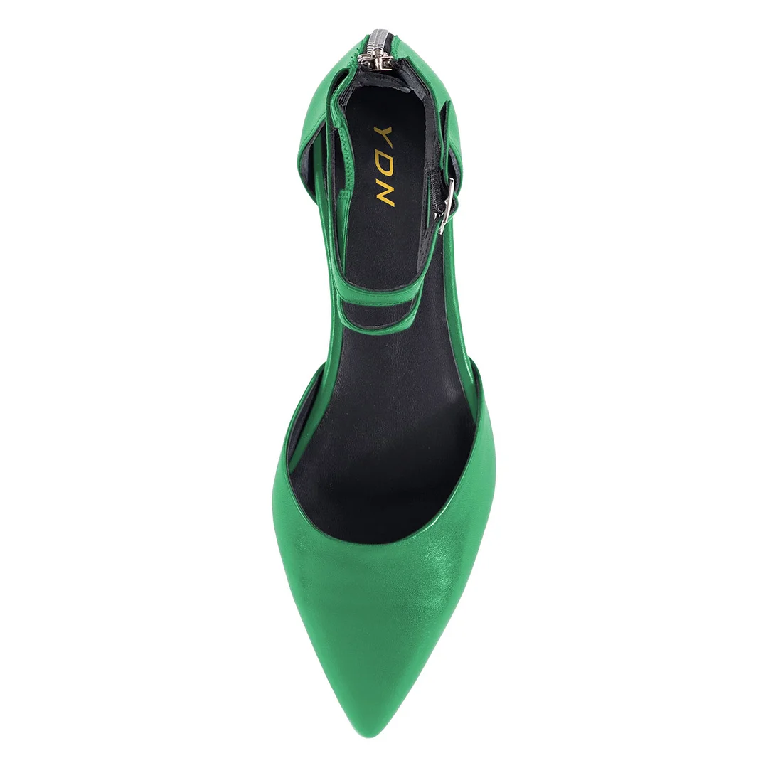 YDN Casual Green Pointed Toe Ankle Strap Flat Pumps for Women