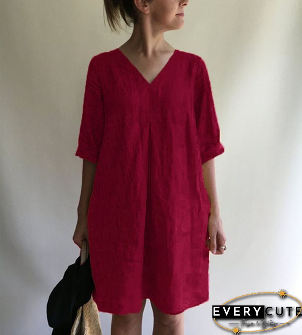 Women's Fashion Loose Tunic Dress Casual V-neck Solid Color Dress Boho Dress