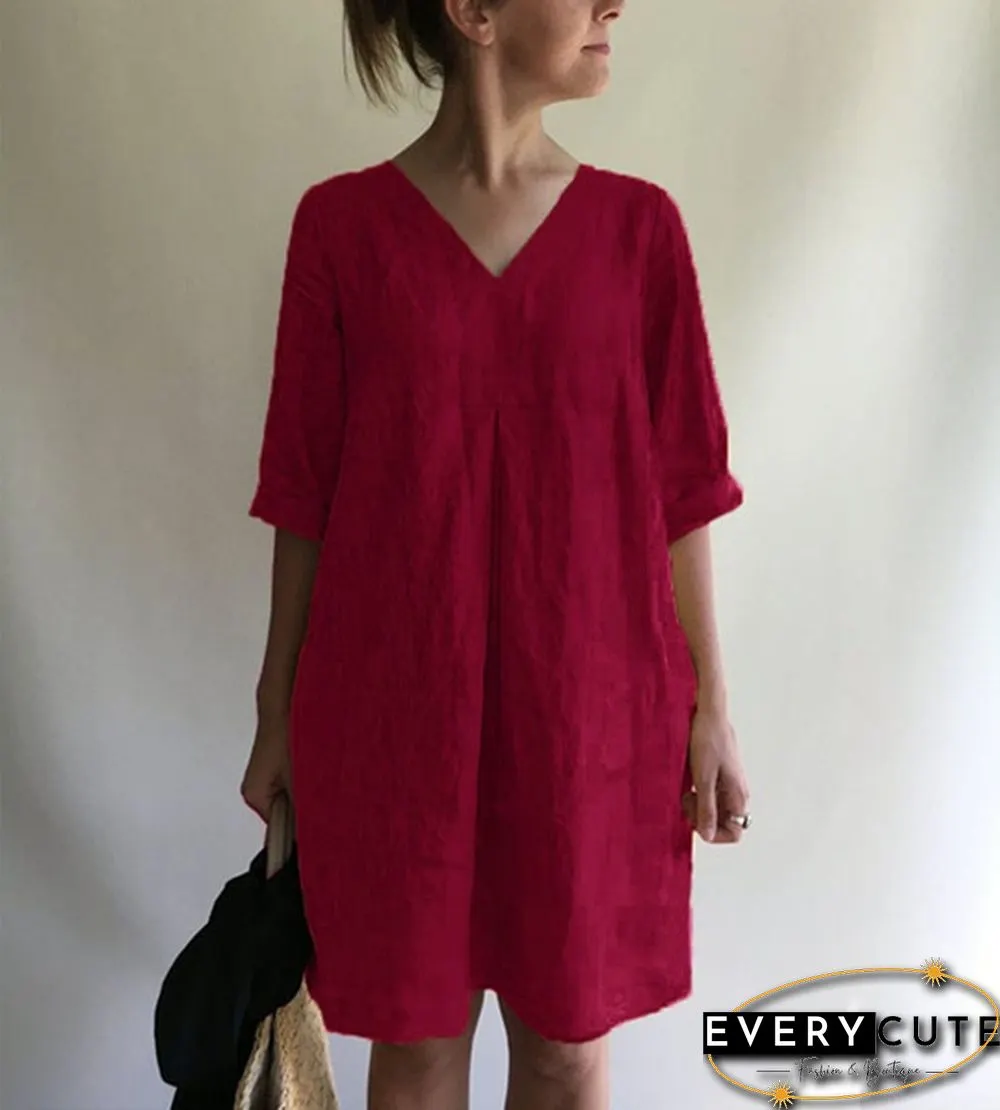 Women's Fashion Loose Tunic Dress Casual V-neck Solid Color Dress Boho Dress