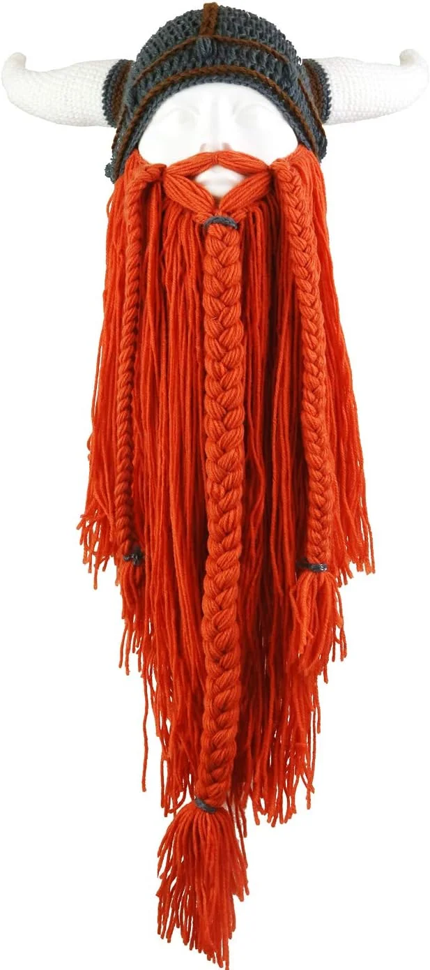 Viking Beard Knitted Hat, Winter Warm Face Mask With Horns, Fun Knitted Hat