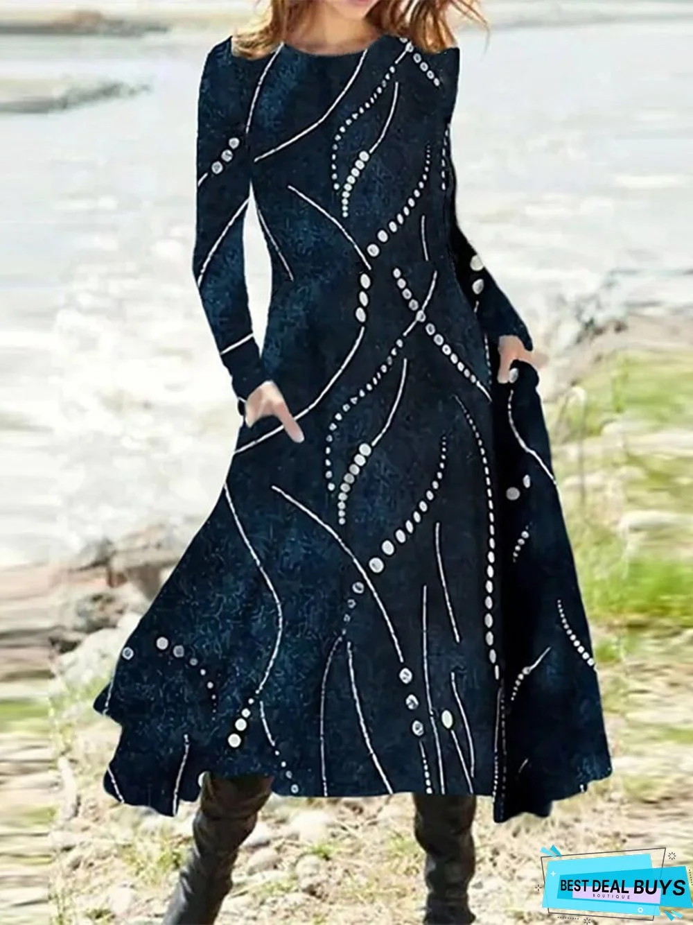 Casual Geometric Polka Dots Long Sleeve A-Line Dress