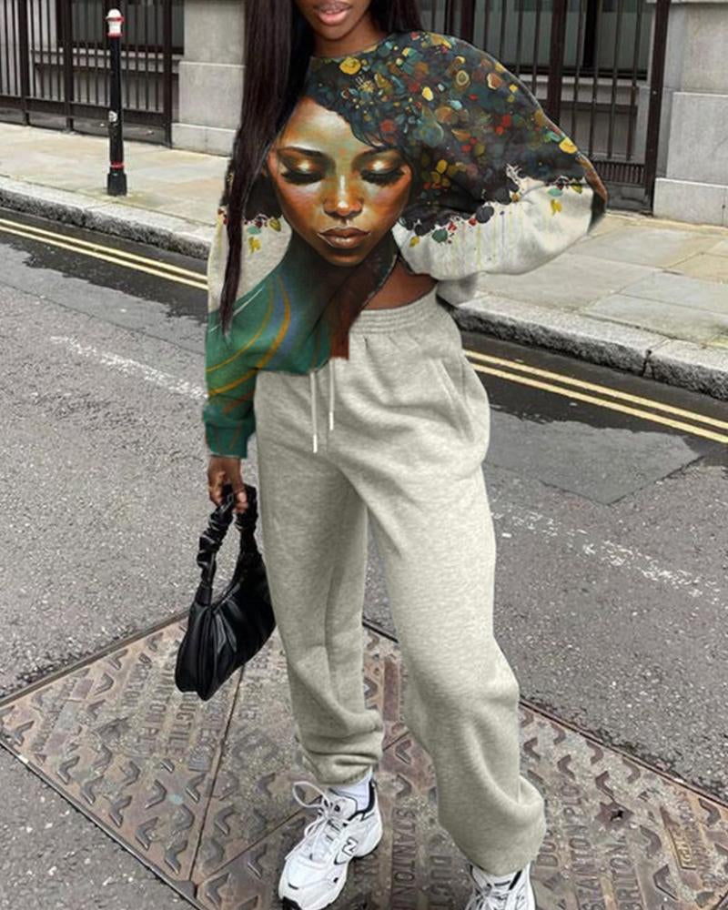 Black girl printed loose round neck sweatshirt women's suit